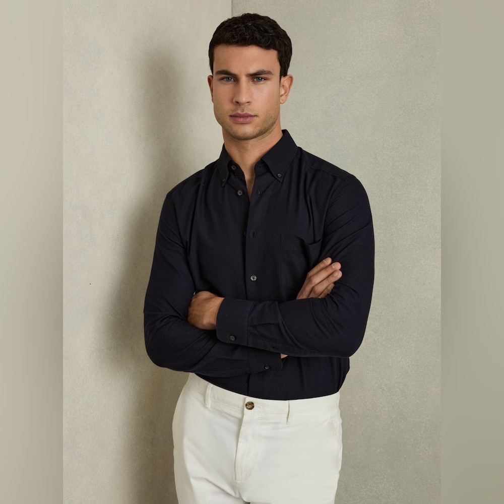 Reiss London Men XL Slim Fit Greenwich Button Down Shirt Navy Blue Cotton